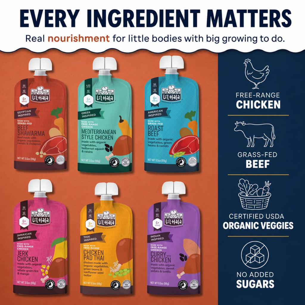 Li’l Hala Baby Food Meat Pouches, Chicken & Beef Meat Purees with Organic Veggies, Protein, Iron & Fiber, Stage 2 Baby Food, On-the-Go Toddler Meals, Variety 6 Pack