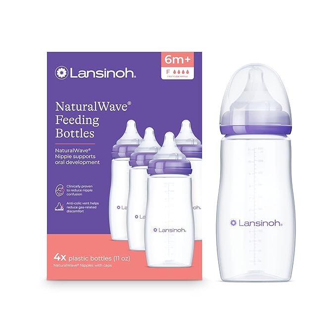 Lansinoh Anti-Colic Baby Bottles, BPA-Free Plastic, Extra Slow Flow Nipples (Size XS), Breastfeeding Bottle with NaturalWave Design