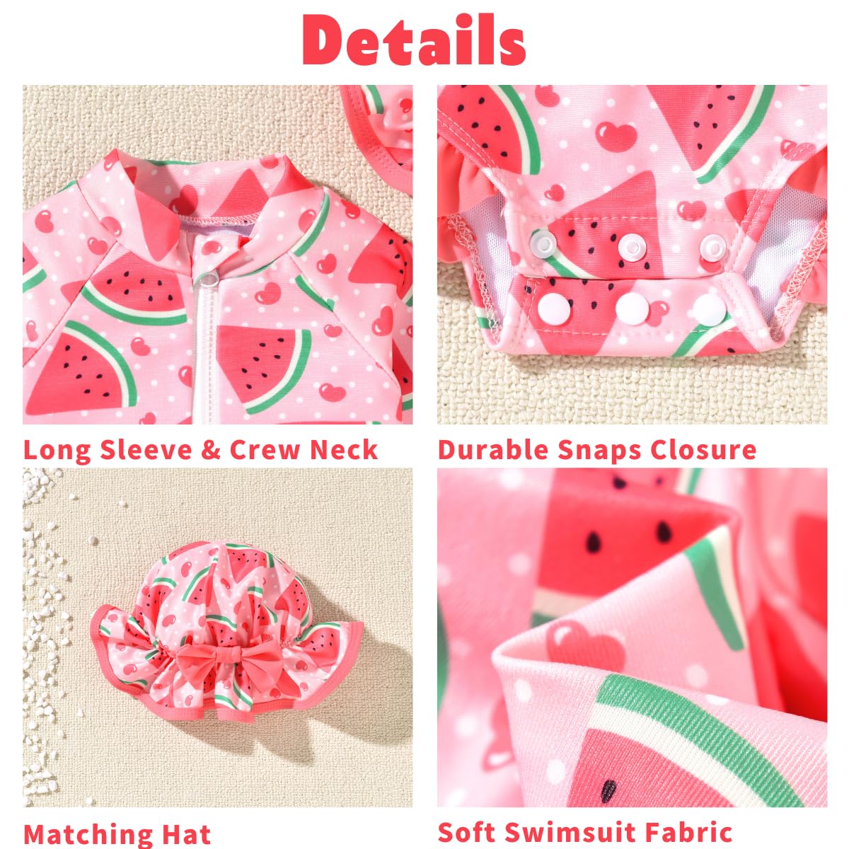 Aalizzwell Infant Baby Girls One Piece Long Sleeve Swimsuit Watermelon Bathing Suit Zip Up Swimwear Beach Wear 3-6 Months Fruit Swimming