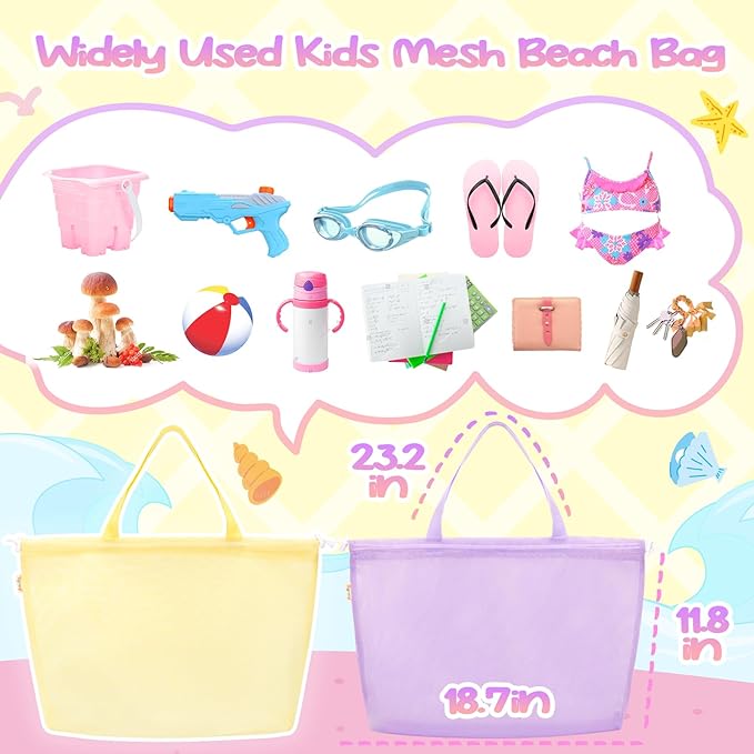 Tagitary Beach Toys Kids Beach Bag Tote with Drawstring,Yellow Purple Mesh Bag Travel Beach Essentials for Kids Swim Pool Gym Bag Camping Accessories Toys Storage Lightweight Foldable Birthday Gifts