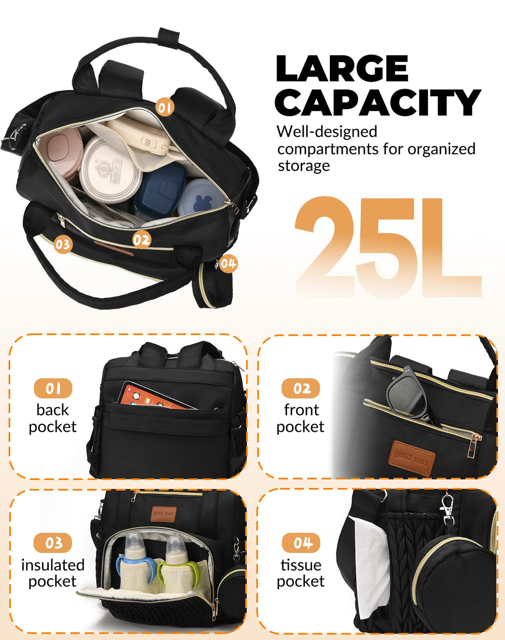 ZCSERTGI Backpack Diaper Bag,Stylish Waterproof Baby Diaper Bags with Changing Pad,Insulated Pockets,Multi-Function Travel Diaper Backpacks,Gift for New Parents,Black