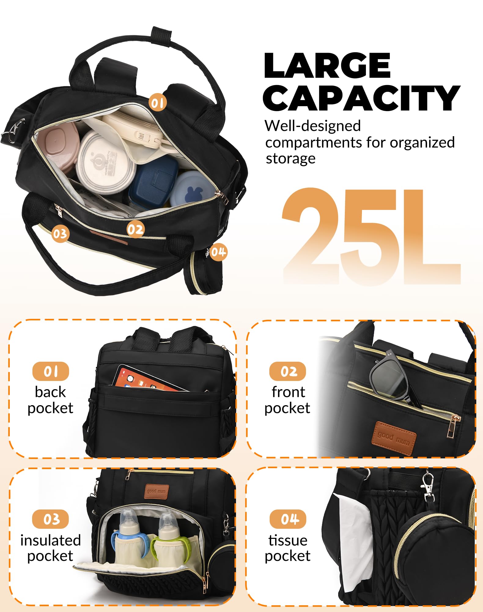 ZCSERTGI Backpack Diaper Bag,Stylish Waterproof Baby Diaper Bags with Changing Pad,Insulated Pockets,Multi-Function Travel Diaper Backpacks,Gift for New Parents,Black