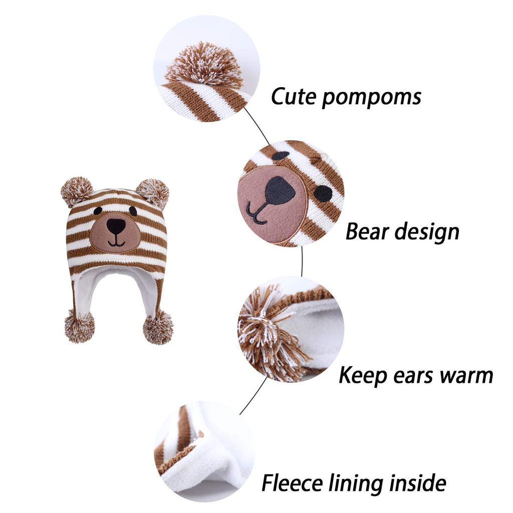 LANGZHEN Toddler Kids Infant Winter Hat,Earflap Knit Warm Cap Fleece Lined Beanie for Baby Boys (Bear -Navy Stripe+Bear -Brown Stripe, 6-12 Months)