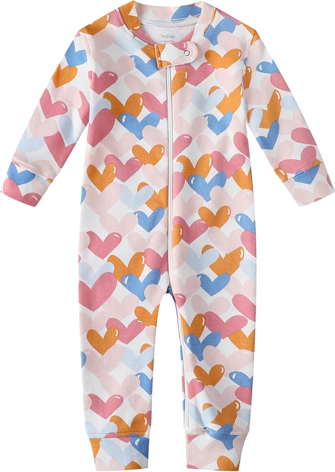 Owlivia Organic Cotton Baby Boy Girl Zip up Sleep N Play, Footless, Long Sleeve(0-3 Months, Colorful Heart)