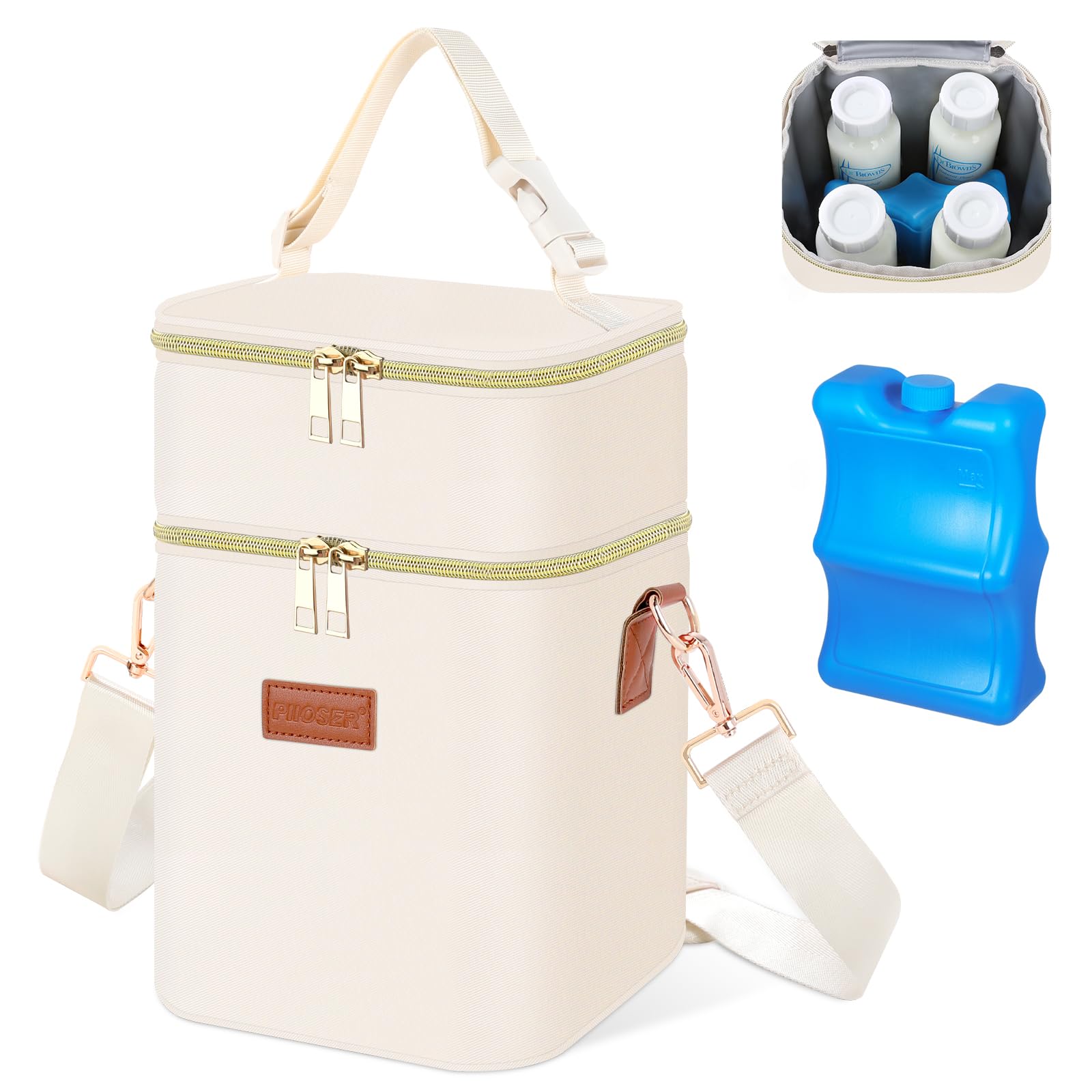 PIIOSER Baby Bottle Tote Bag with Ice Pack, Fits 4 Baby Bottles Up to 9 Ounce, Small Insulated Breastmilk Cooler Travel Bag with Shoulder Strap for Nursing & Working Mom Daycare (Cream-S)