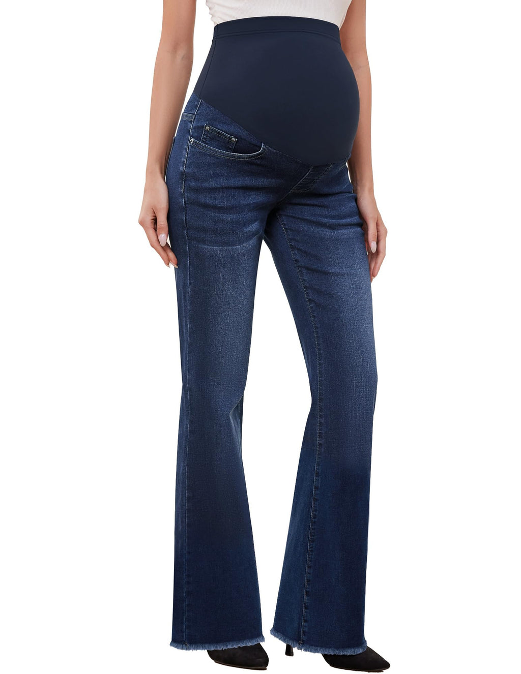 GLAMIX Women's Stretch Maternity Bootcut Jeans with Pockets Over The Belly Bell Bottoms Flare Denim Pants Pregnancy Clothes(Vintage Blue (Frayed Hem), XL)
