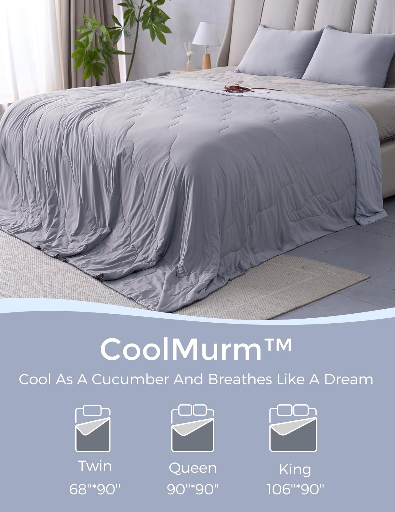 Momcozy Life CoolMurm Cooling Comforter for Hot Sleepers, King/Cali King 106"x90" Soft Breathable Pregnancy Cooling Blanket, 3-Second Cooling, 8 Hours+ Stay Cool All Night, Grey Sky Blue