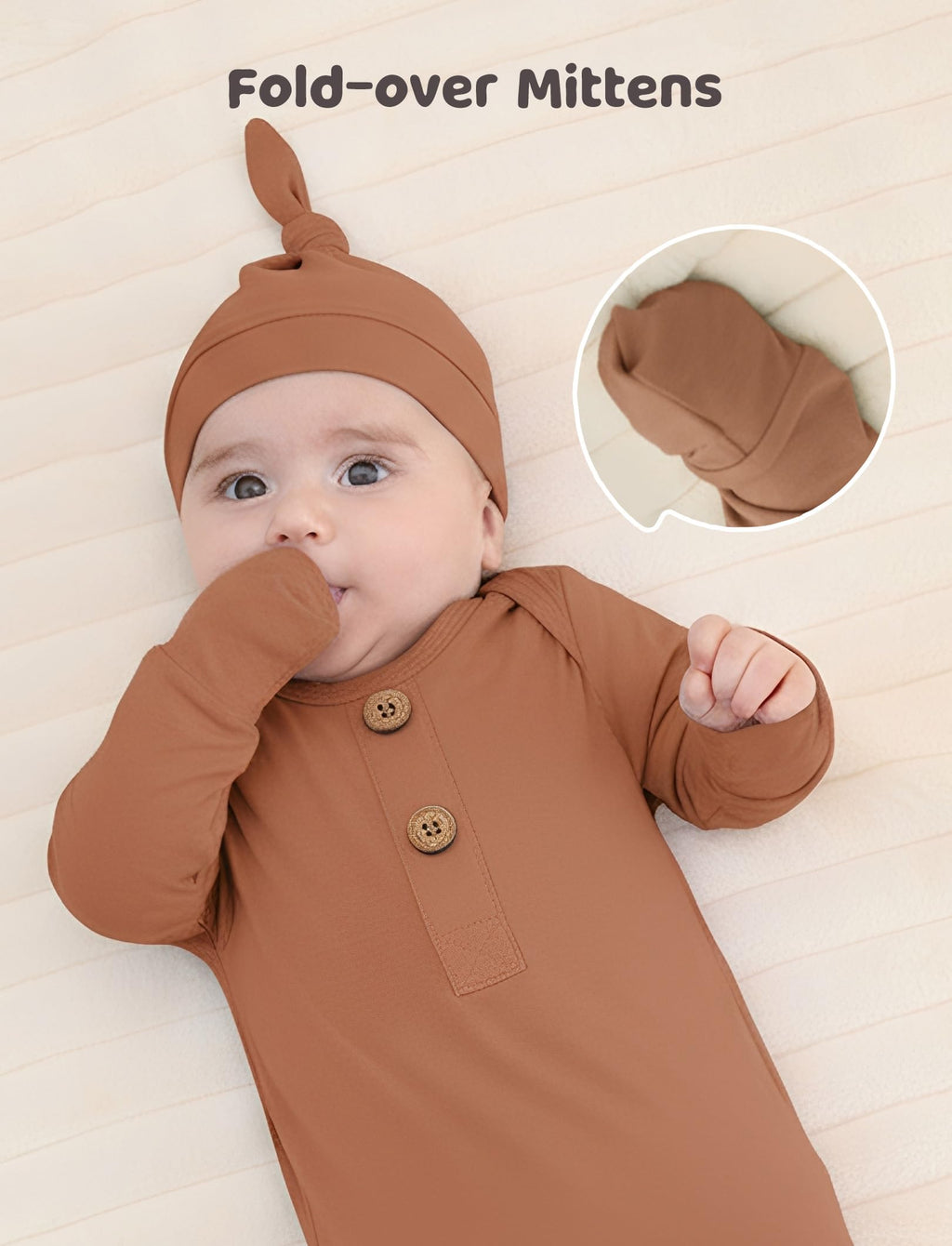 PATPAT Baby Sleeper Gown with Bamboo Viscose for Newborn Girls Boys, Knotted Nightgown with Mittens for Infant Home Coming, Brown-Hat, 0-3M