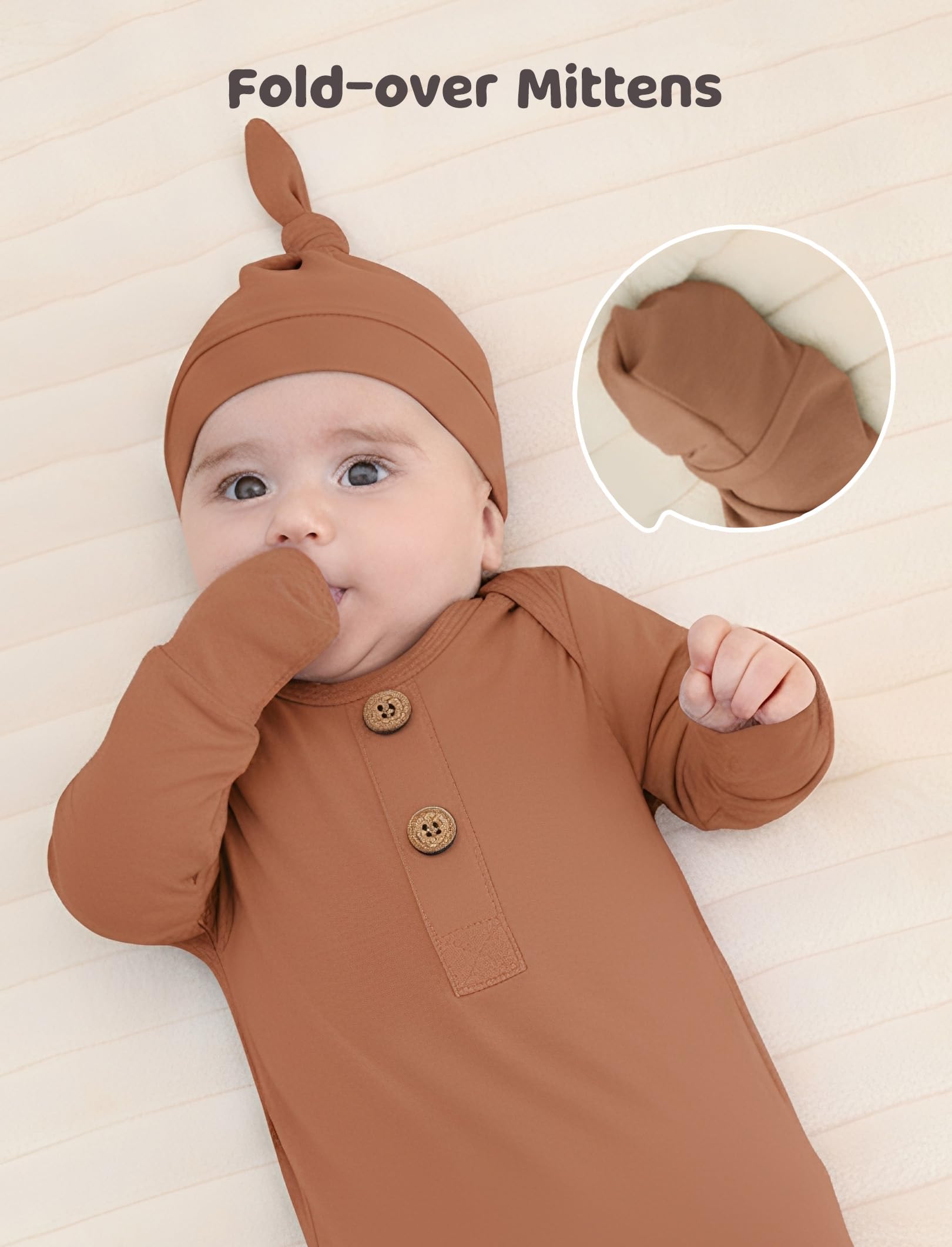 PATPAT Baby Sleeper Gown with Bamboo Viscose for Newborn Girls Boys, Knotted Nightgown with Mittens for Infant Home Coming, Brown-Hat, 0-3M