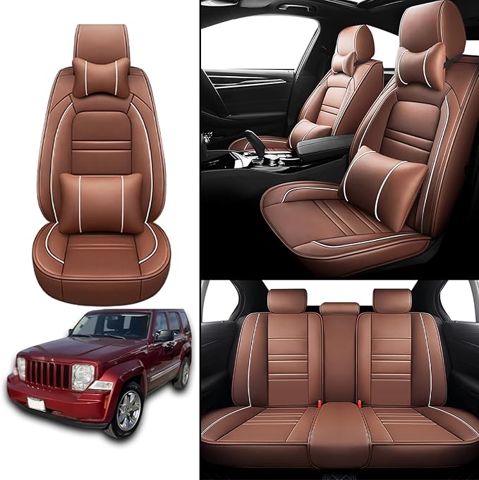 Car Seat Covers for JP Liberty 2002-2012 | 5-Seats Seat Covers, Waterproof Seat Protectors, Automotive Seat Covers (Full Set with Pillow,Coffee)