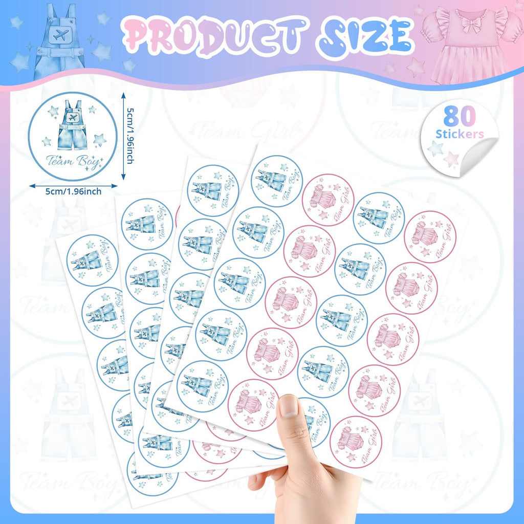 80Pcs Cute Baby Clothes Decal Stickers Roll, 2 inch Team Boy Team Girl Gender Reveal Labels, Pink and Blue Self-Adhesive Decorative Round Stickers for Brithday Baby Shower Party Supplies