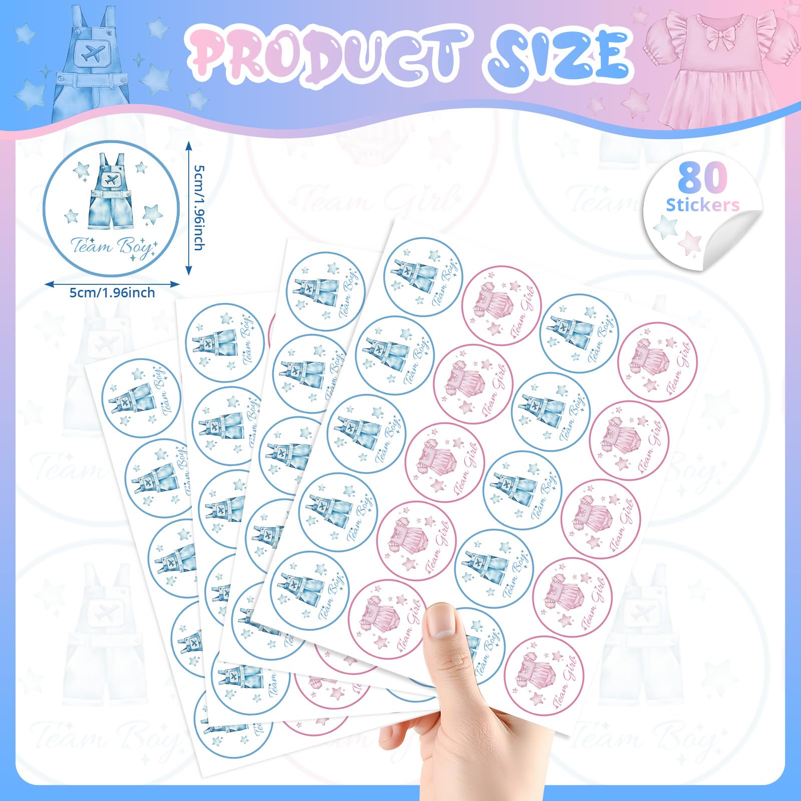 80Pcs Cute Baby Clothes Decal Stickers Roll, 2 inch Team Boy Team Girl Gender Reveal Labels, Pink and Blue Self-Adhesive Decorative Round Stickers for Brithday Baby Shower Party Supplies