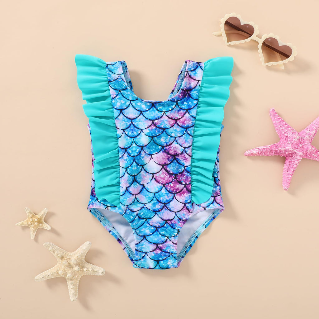 Happy Town One-Piece Infant Toddler Baby Girl Summer Swimsuit Watermelon Leopard Ruffle Swimwear Bikini Bathing Suit (Mermaid, 3-6 Months)