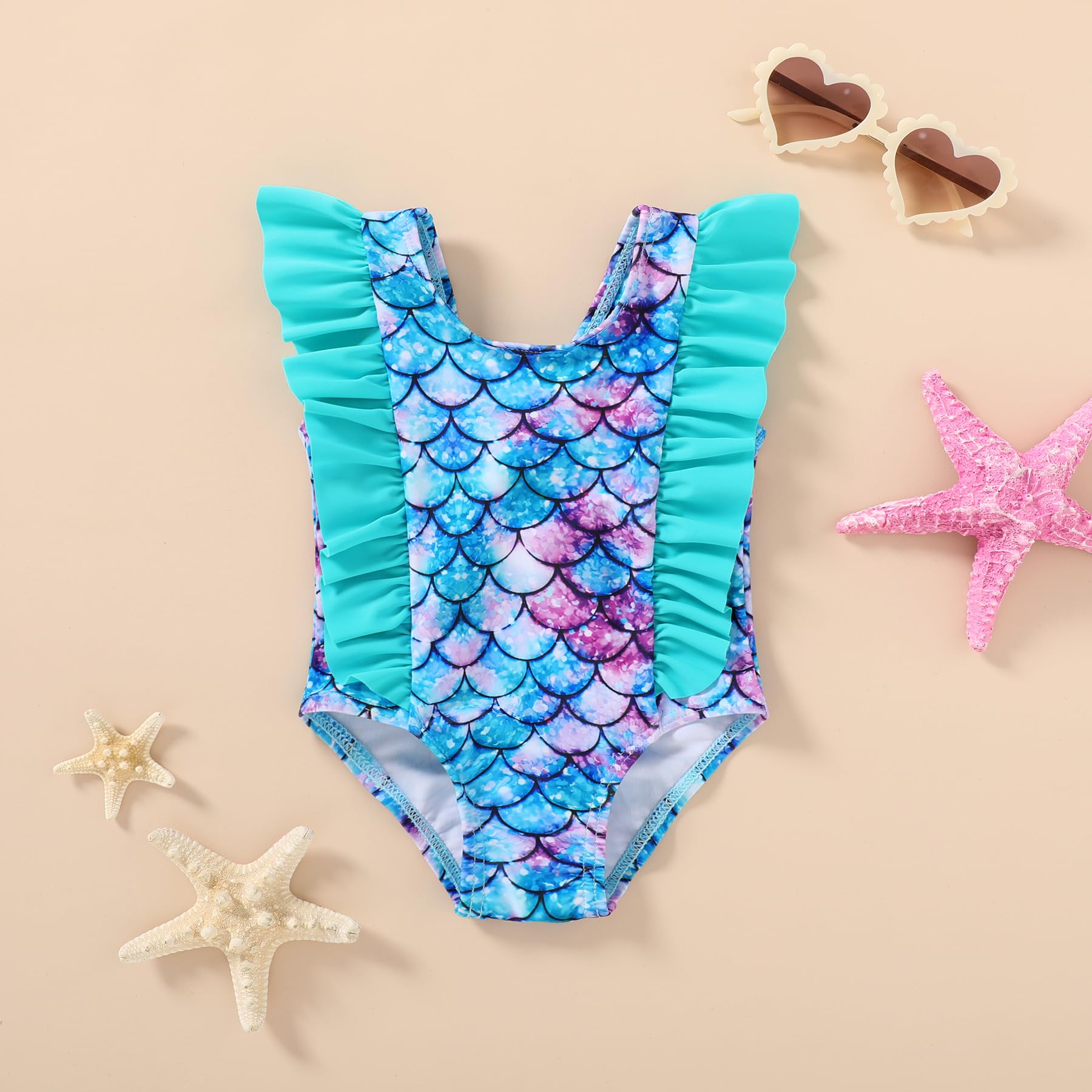 Happy Town One-Piece Infant Toddler Baby Girl Summer Swimsuit Watermelon Leopard Ruffle Swimwear Bikini Bathing Suit (Mermaid, 3-6 Months)