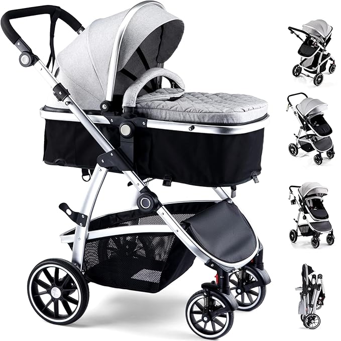 Baby Stroller, 2-in-1 Reversible Toddler Seat with Basket Mode, Foldable Infant Stroller with Canopy, One Button Brake, Adjustable Handle, Newborn Pushchair (Gray)