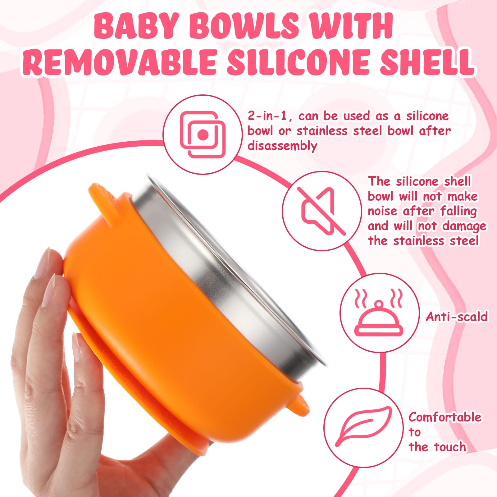 Nuogo 6 Pcs Stainless Steel Baby Bowls with Removable Silicone Shell 304 Toddler Bowls Kids Anti Scald Snack Container for Food Feeding, Dishwasher Safe(Red Series Color,Suction-a)