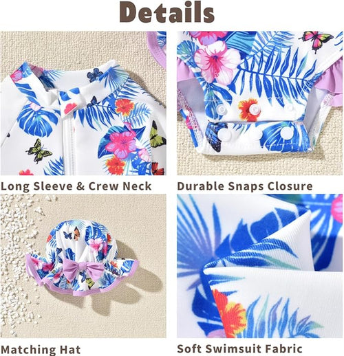 3-6 Months Infant Baby Girls One Piece Long Sleeve Swimsuit Butterfly Bathing Suit Zip Up Swimwear Beach Wear
