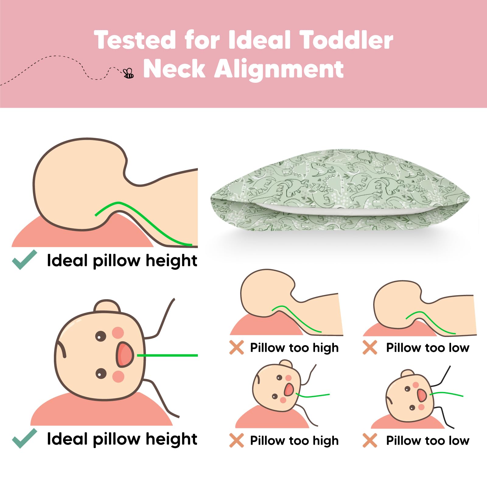Toddler Pillow with Pillowcase, 13x18 My Little Dreamy Pillow (DinoDood)
