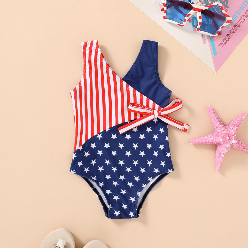 Happy Town Toddler Swimsuit Girl One Piece Bathing Suit Color Block Swimwear Baby Summer Beach Wear(12-18 Months,American Flag)