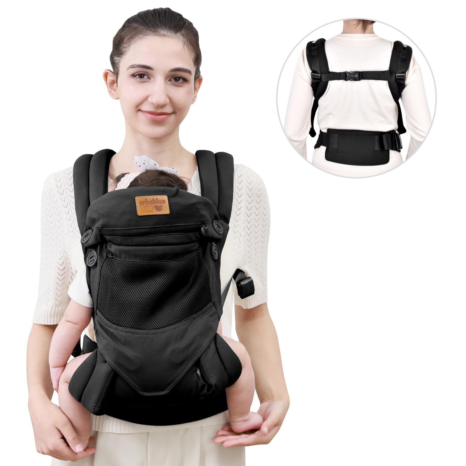 vrbabies Baby Carrier Newborn to Toddler, Ergonomic Safe Soft Breathable Infant Carrier with Adjustable Head Neck Support - Outdoor Kangaroo Front & Back Carry Baby Carriers for Baby 8-40lbs (Black)