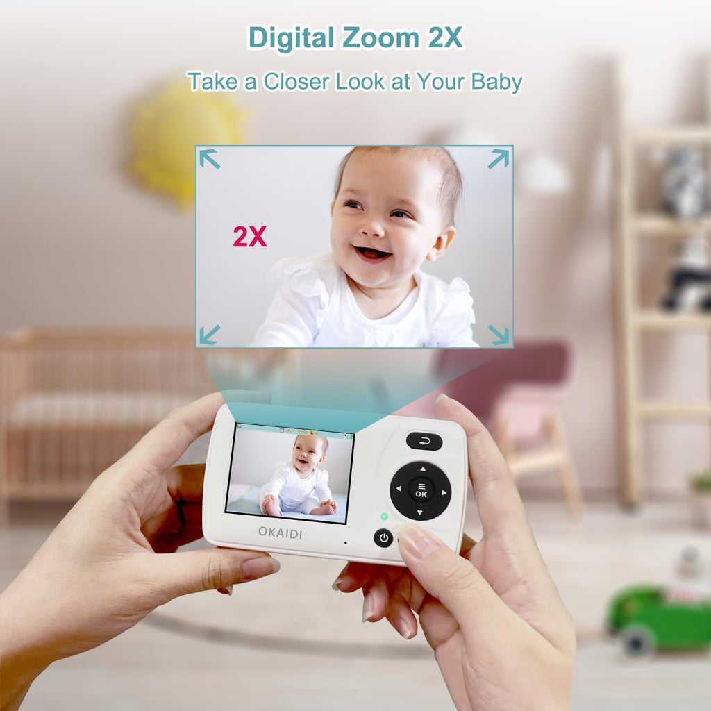 OKAIDI 2.4'' Portable Baby Monitor with 2 Cameras, Baby Monitor No WiFi
