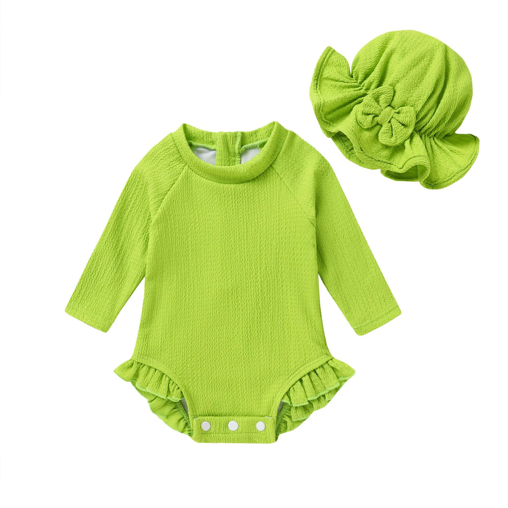 YOUNGER TREE Infant Baby Girls Swimsuit Long Sleeve Swimsuits One Piece Swimsuit Solid Color Bathing Suit with Hat