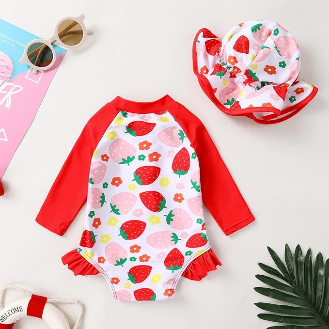 Infant Baby Girl Swimsuit One-Piece Long Sleeve Rash Guard with Hat Set Floral Zipper Bathing Suit Leopard Beach Wear