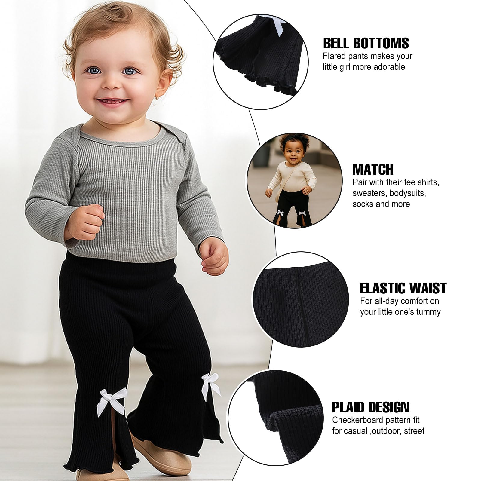 SOBOWO Flare Toddler Pants Leggings 3 Pack Solid Ribbed Ruffle Bell Bottoms Pants Fall Winter Outfits(Black/Blue/Beige, 18-24 Months)