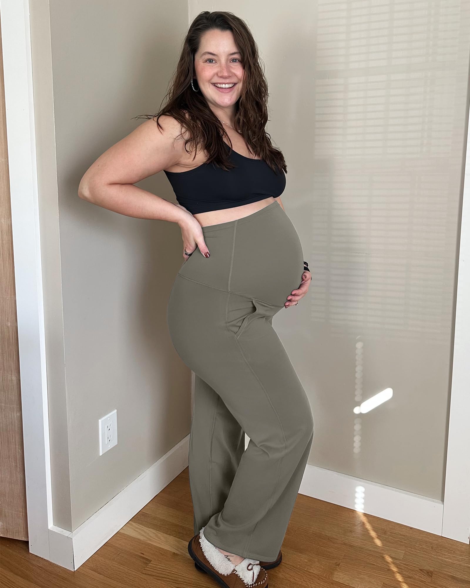 G4Free Maternity Work Pants with Pockets Wide Leg,Mocha Brown,L,Regular