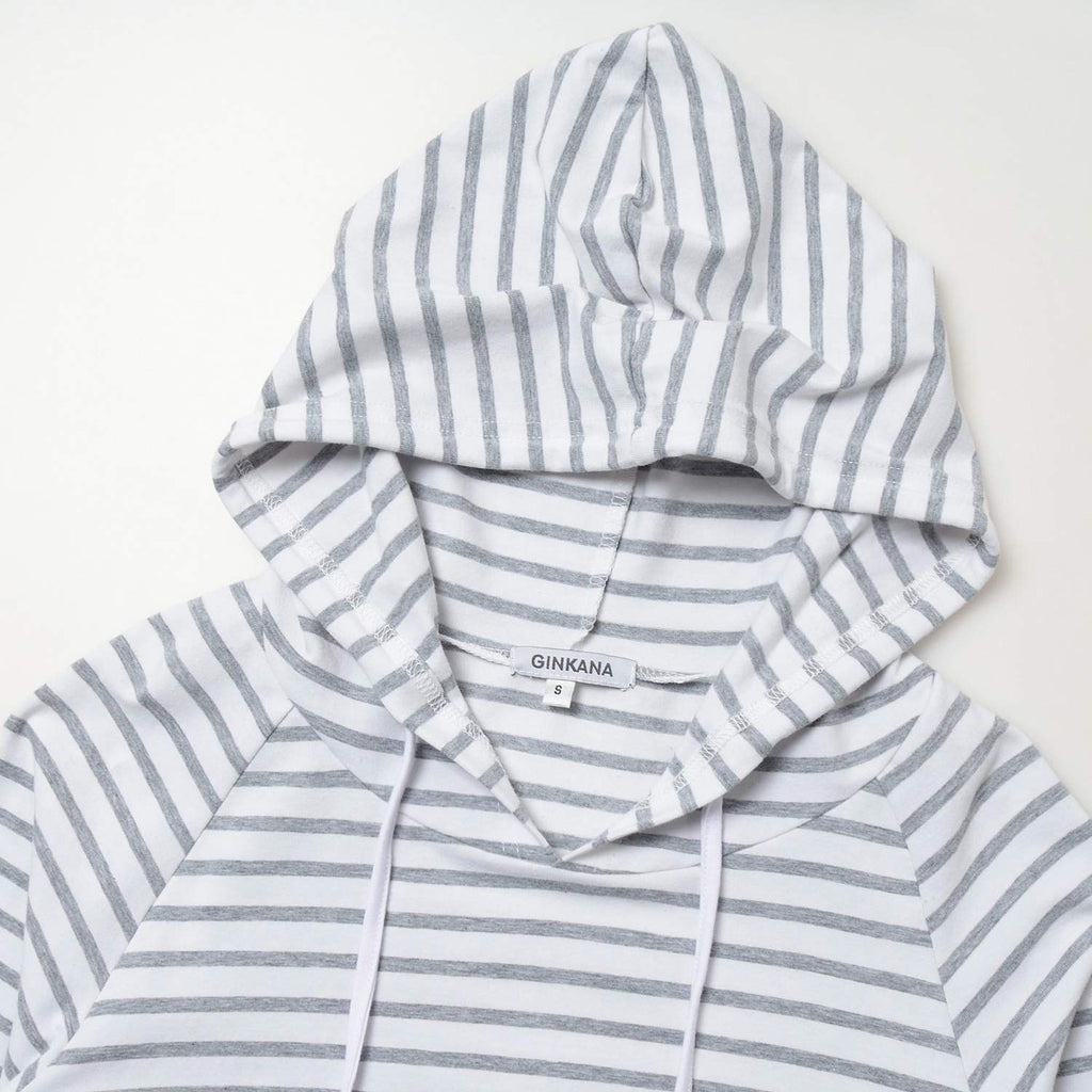 GINKANA Womens Maternity Hoodie Top Sweatshirt Long Sleeve Pregnancy Tunic Top,White with Grey Stripe,Small
