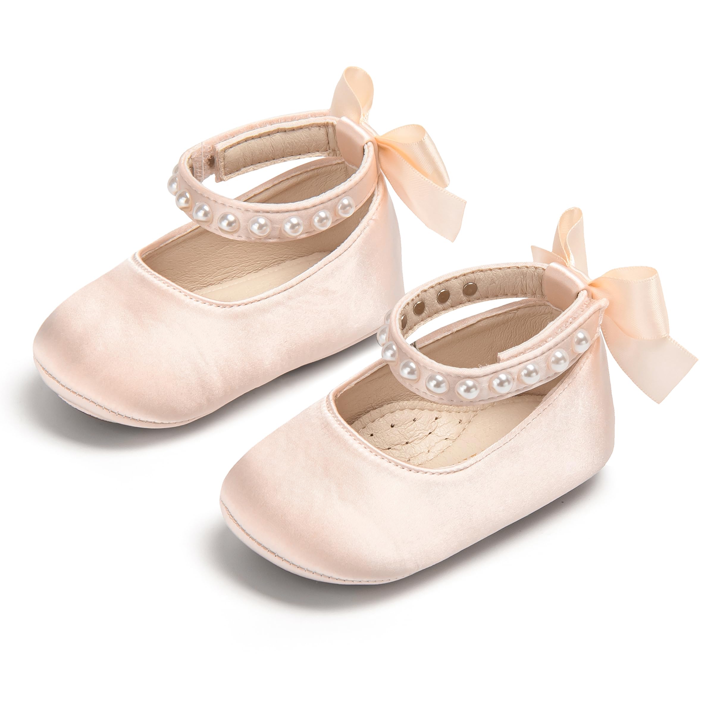 PHIRAMIN Baby Girls Peach Mary Jane Flats - Infant 12-18 Months Walking Shoes Soft Rubber Sole Princess Wedding