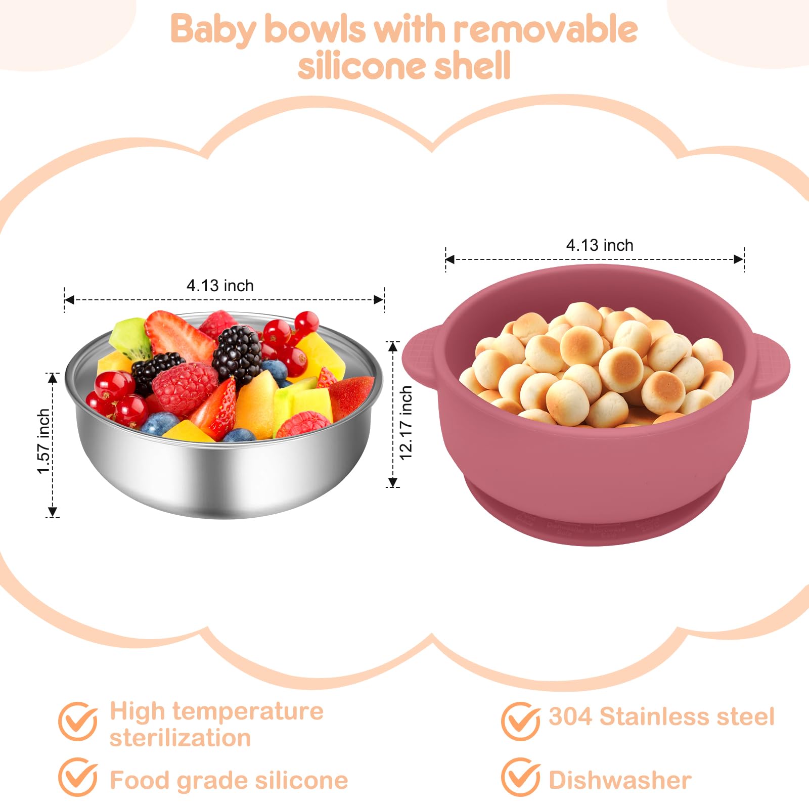Wesketch 4 Pack Stainless Steel Baby Bowls with Removable Non-Slip Silicone Suction Shell, Anti Scald Food Container for Baby Food Feeding-Skyblue/Gray/Red/Cream
