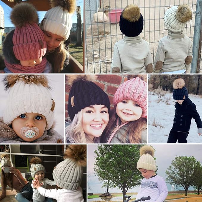 FURTALK Kids Winter Hat Toddler Knitted Beanie with Faux Fur Pom Poms for Baby Girls Boys