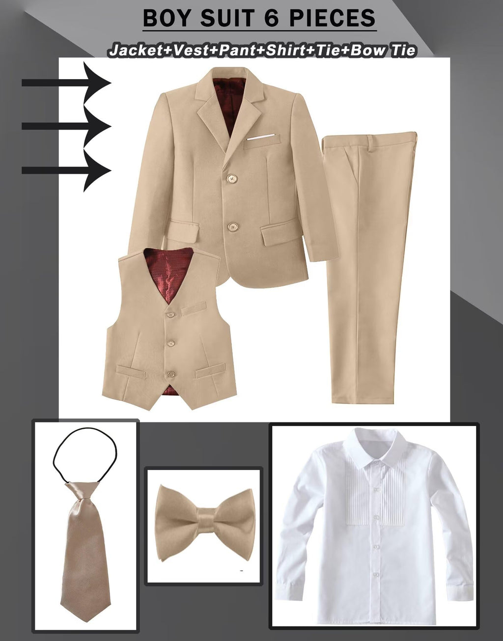 Fxzpiodi Suit for Boys Slim Fit Wedding Outfit Suit Size 2-20 Kids 6 Piece Tuxedo Solid Formal Dresswear of Jacket Vest Pants Shirt and Tie Khaki 14