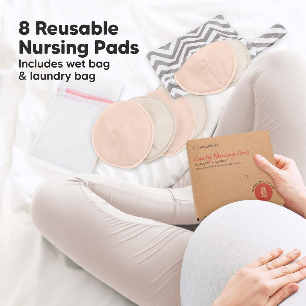 Organic Nursing Pads, 8 Washable Breast Pads,Wash Bag (Neutrals, L 5")