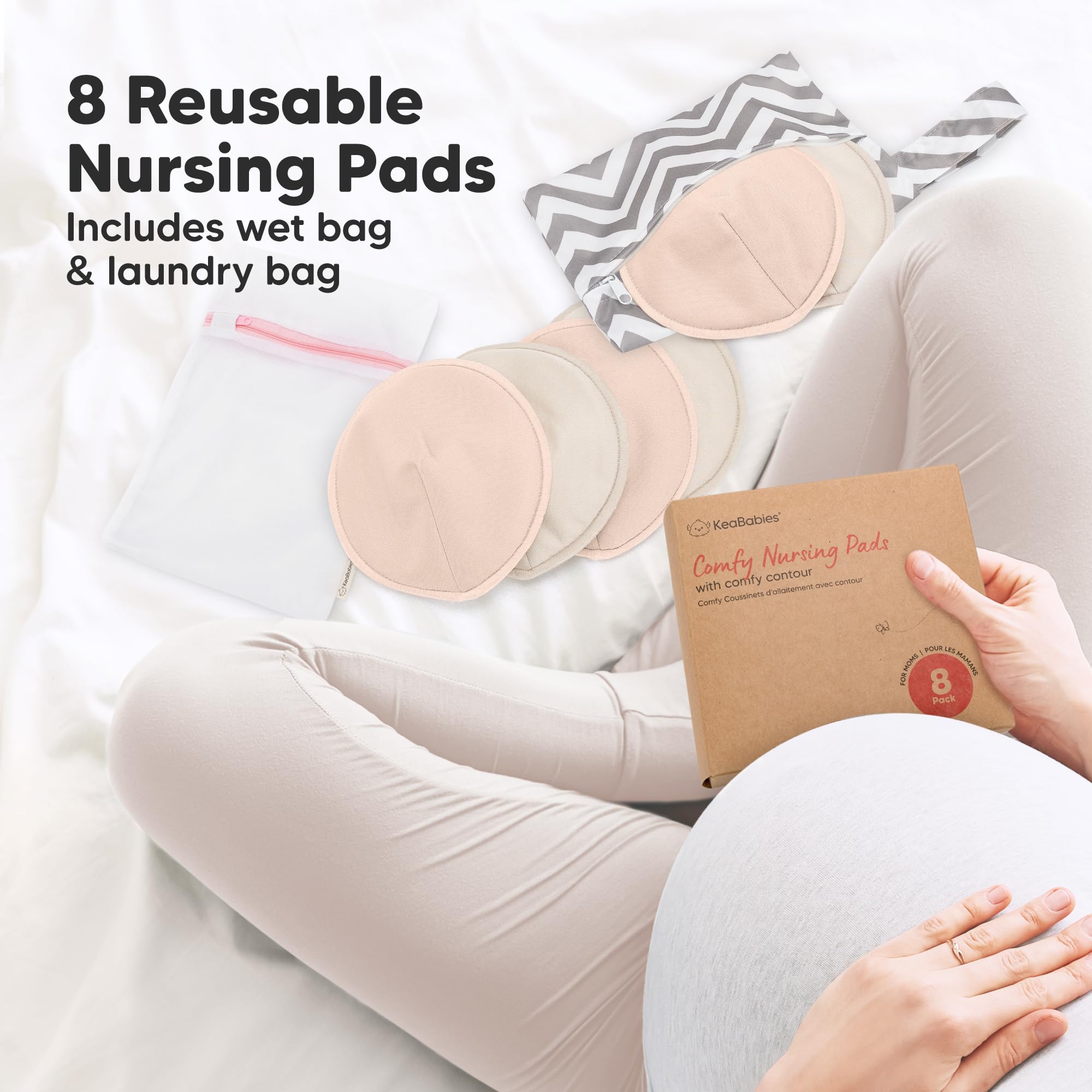 Organic Nursing Pads, 8 Washable Breast Pads,Wash Bag (Neutrals, L 5")