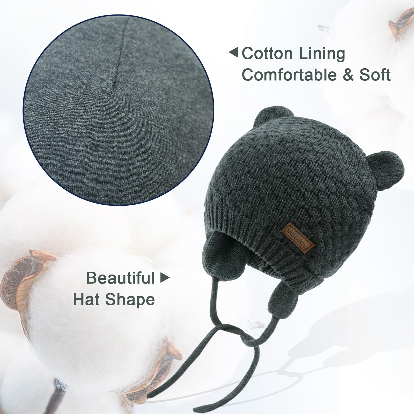 XIAOHAWANG Baby Hat Cute Bear Toddler Earflap Beanie Warm for Fall Winter (A-Set Grey 2 +Grey, 6-12 Months)