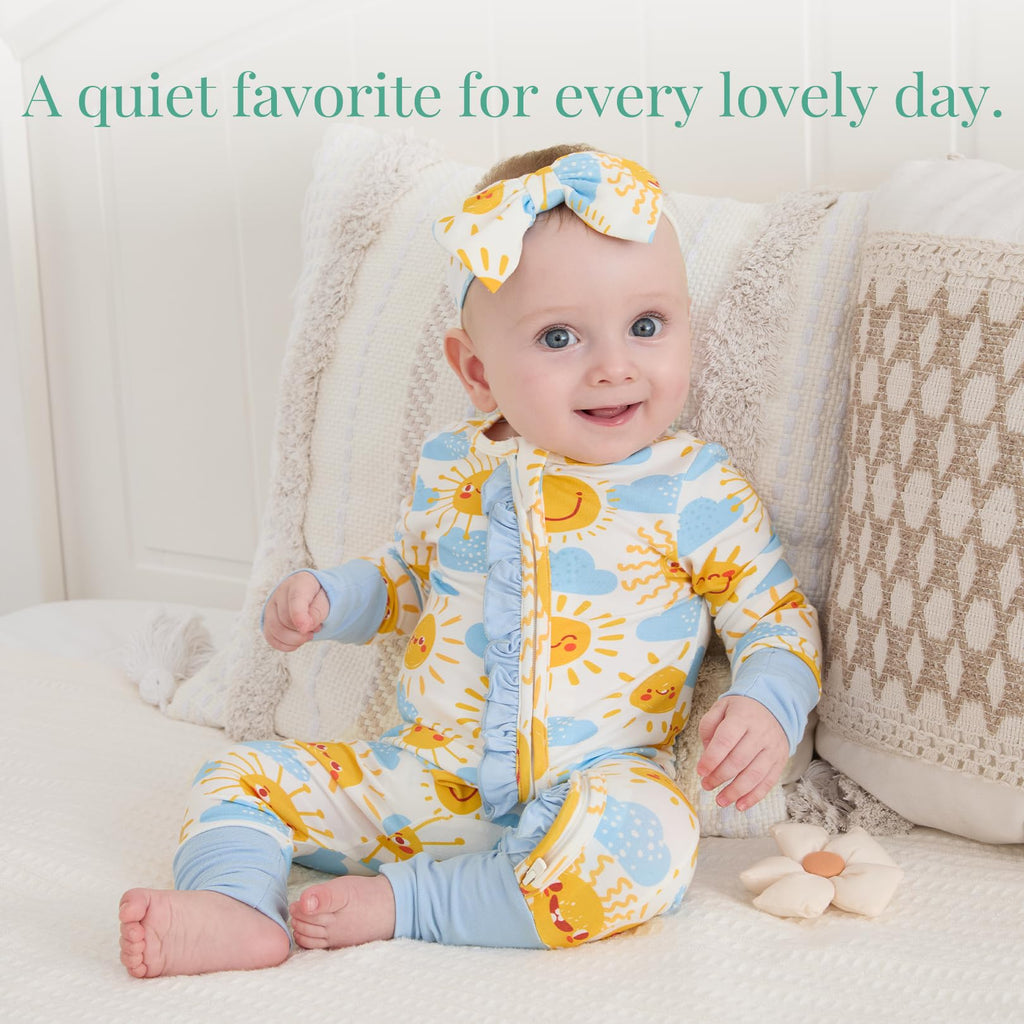 PATPAT Baby Girl Infant Clothes Footie – Soft Viscose from Bamboo, Stretch Feel – 2-Way Ruffled Zipper, Fold-Over Mittens & Cuffs Pink Flower 6-9 Months