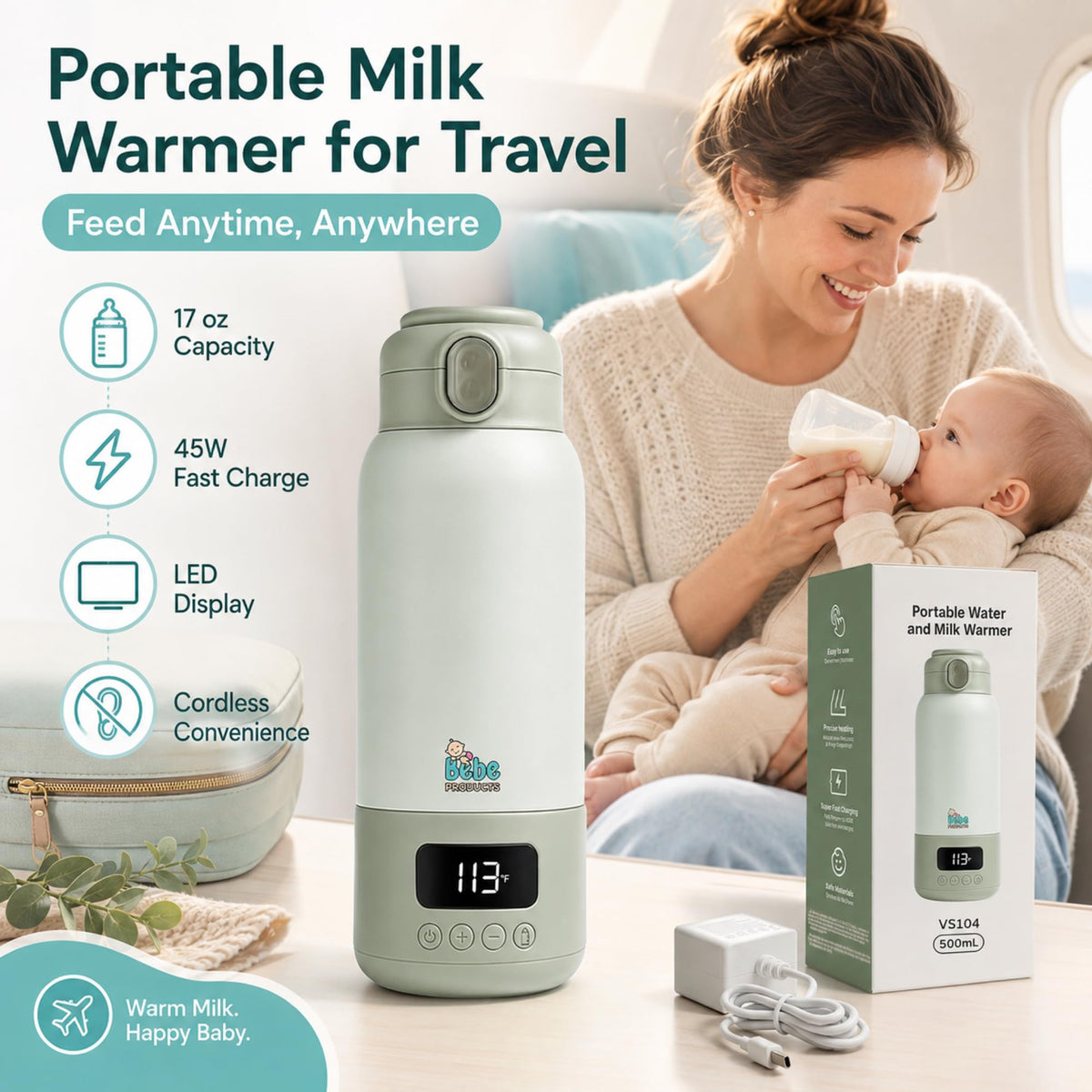 Portable Milk Warmer for Travel 17oz, 45W Fast Charge, Long Battery Life, 316 Stainless Steel, LED Display, Fast Heating, Precise Temp Control, Leak-Proof, Cordless Baby Milk Warmer for on the go