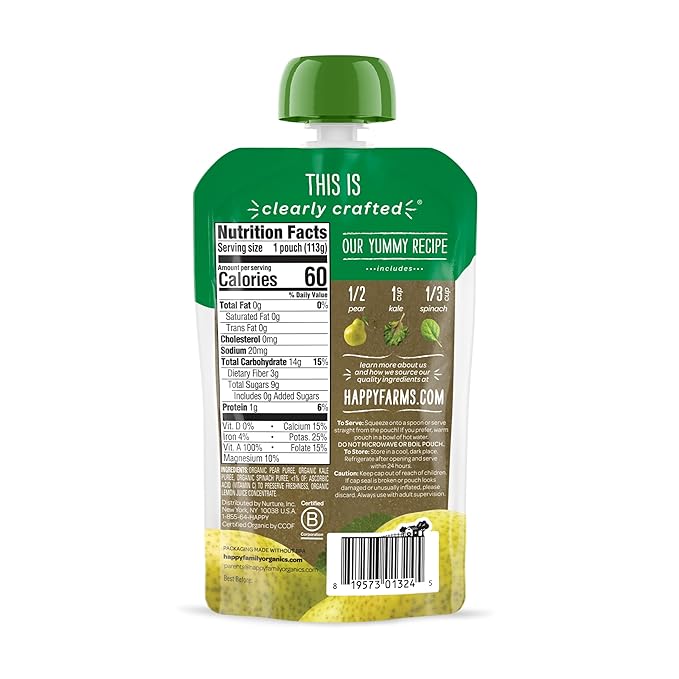 Happy Baby Organics Stage 2 Baby Food Pouches, Gluten Free, Vegan & Healthy Snack, Clearly Crafted Fruit & Veggie Puree, Pears, Kale & Spinach, 4 Ounces (Pack of 16)