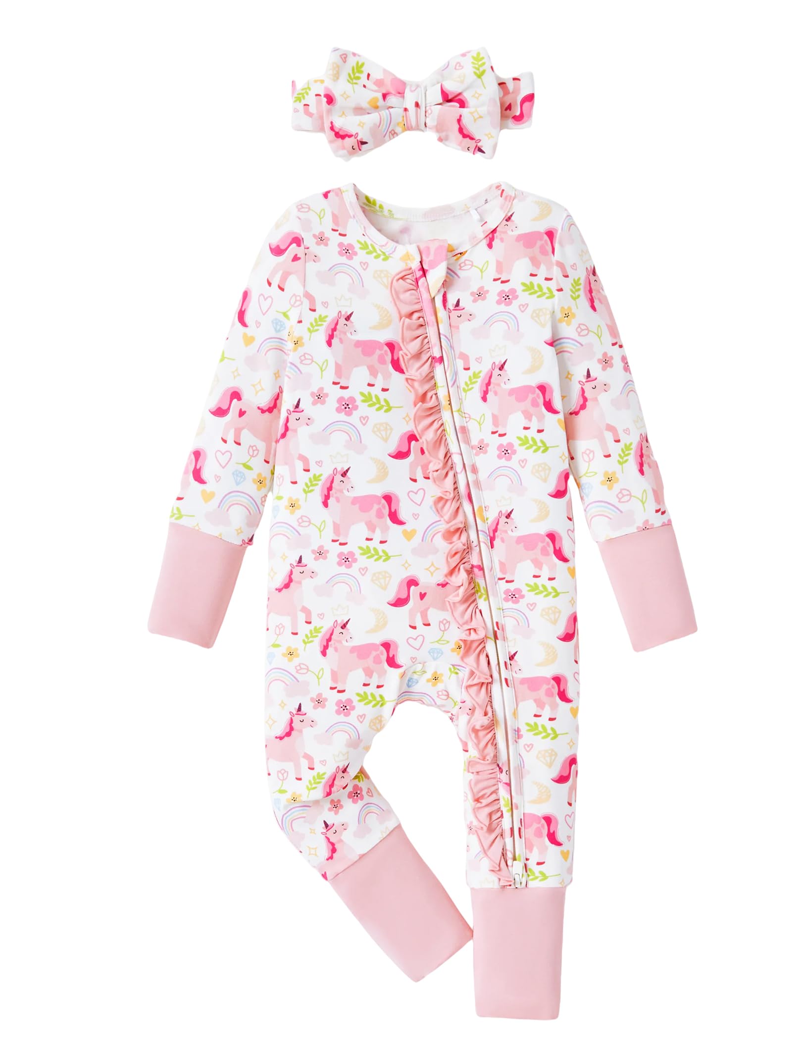 PATPAT Baby Girl Infant Clothes Footie – Soft Viscose from Bamboo, Stretch Feel – 2-Way Ruffled Zipper, Fold-Over Mittens & Cuffs Pink Unicorn 0-3 Months