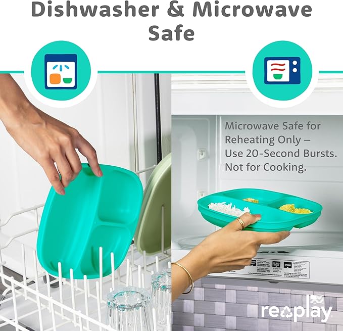 Re-Play Toddler Plates with Dividers - Deep-Walled 3 Compartments Divided Plates for Kids - Dishwasher & Microwave Safe - Made in USA - Set of 4-7.37" x 7.37" x 1.25" - Bubble Pop
