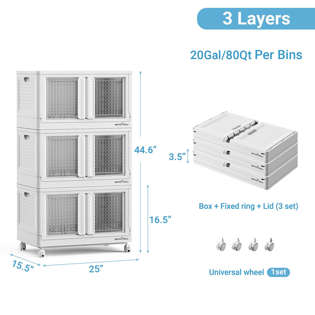 BROVIEW 300Qt Stackable Storage Bins with Lids, 75Gal Closet Organizers and Storage Drawer, Plastic Collapsible Storage Bins with Doors, Heavy Duty Store Box Cabinet for Home Kitchen, 3Pack White
