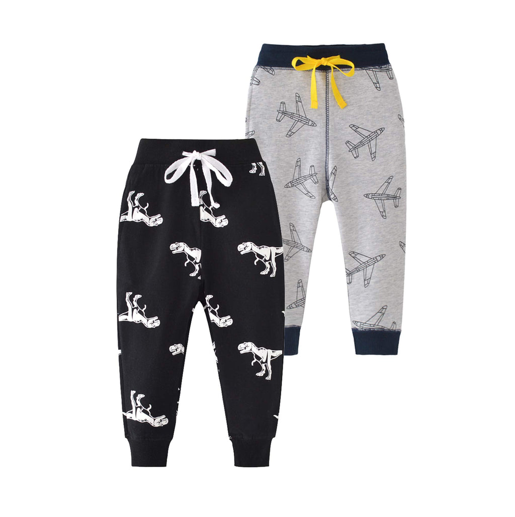 HUAER& Baby Boy's Jogger Pants Dinosaur Car Animal Print Drawstring Elastic Waist Sweatpants Cotton Toddler Athletic Pants 2-PCS(Airplane + Dinosaur,5-6Years)