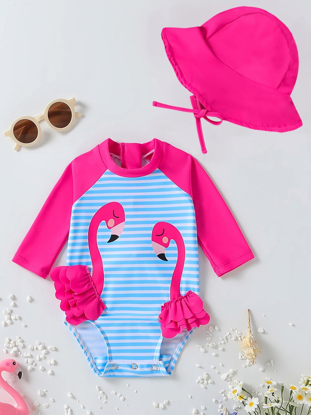 WOLBAY Baby Girl Swimsuit Long Sleeve One Piece Rash Guard with Sun Hat Zipper Bathing Suit Size 0-2T (US, Age, 3 Months, 6 Months, Flamingo)