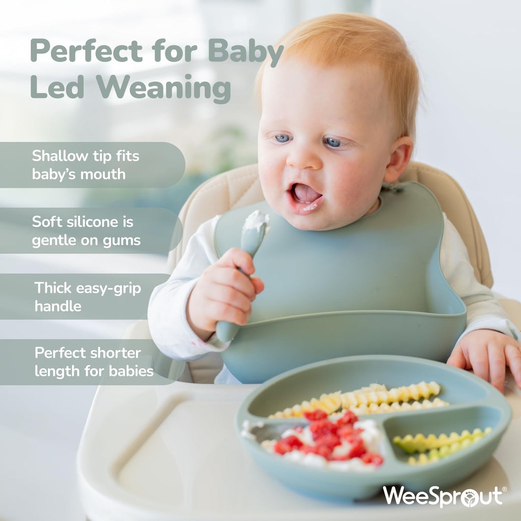 WeeSprout Baby Spoons for Self Feeding 6 Months +, Soft & Durable Silicone Utensils for Sensitive Gums & Teeth, Easy Grip Handles & Shorter Length for Little Hands, 3 Pack + Carrying Case