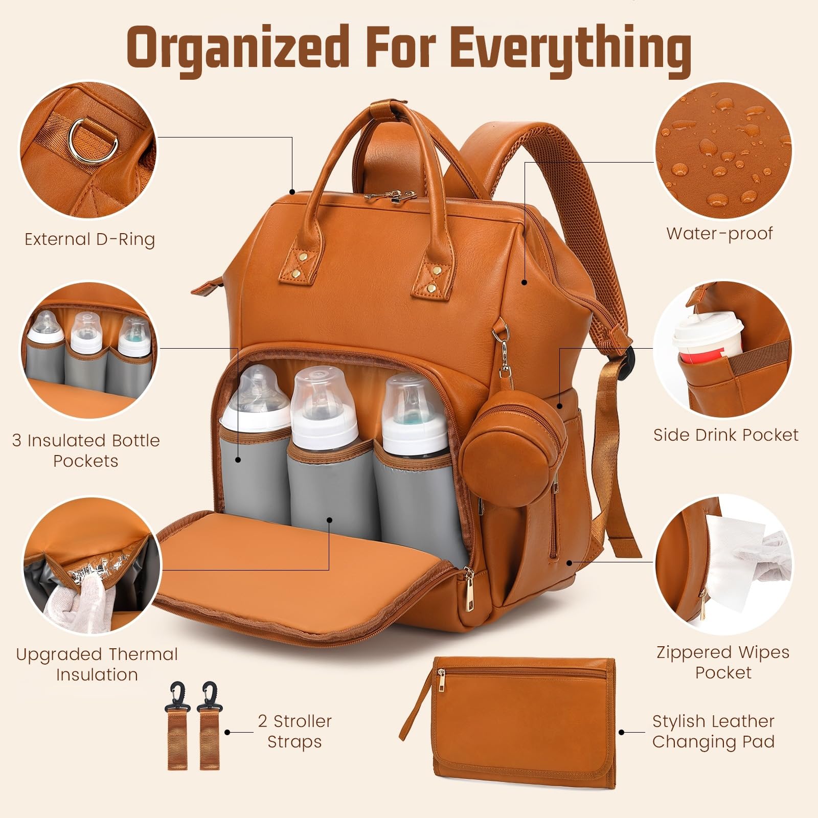 ROSEGIN Premium Vegan Leather Diaper Bag Backpack with Waterproof Changing Pad – Reinforced Stitching & Zippers, Baby Bag for Boy Girl, Stroller Straps, Ergonomic Design for Traveling Moms, Brown