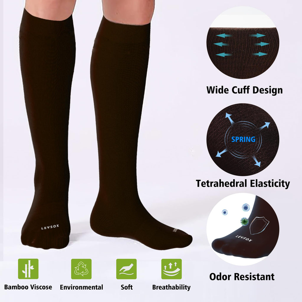 LEVSOX Viscose Made from Bamboo Compression Socks for Women&Men 20-30 mmHg Knee High Fun Cute Graduated Support Socks for Nurses, Pregnant Women, Travel and Flight, Medical, Black, Navy, Grey, Brown