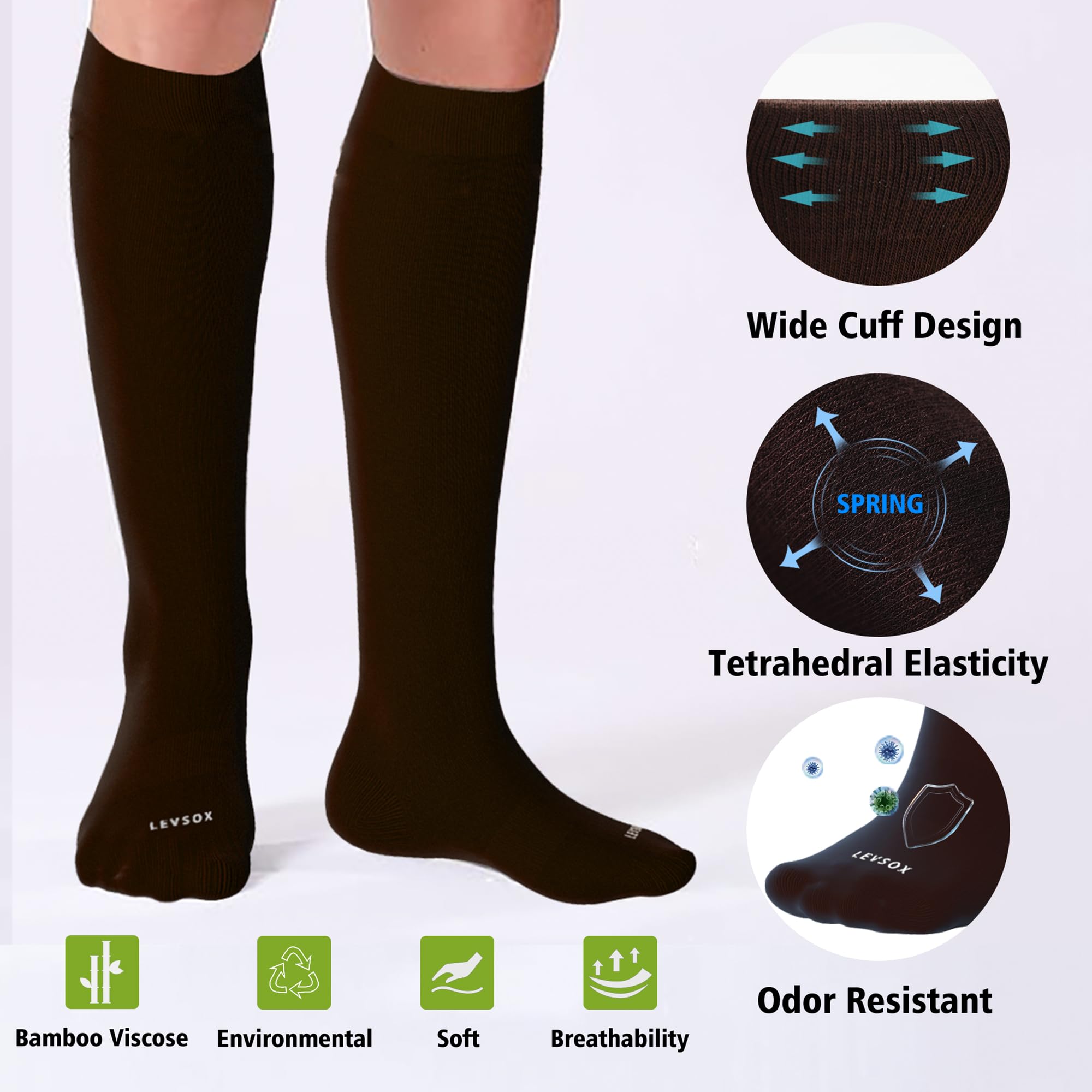 LEVSOX Viscose Made from Bamboo Compression Socks for Women&Men 20-30 mmHg Knee High Fun Cute Graduated Support Socks for Nurses, Pregnant Women, Travel and Flight, Medical, Black, Navy, Grey, Brown