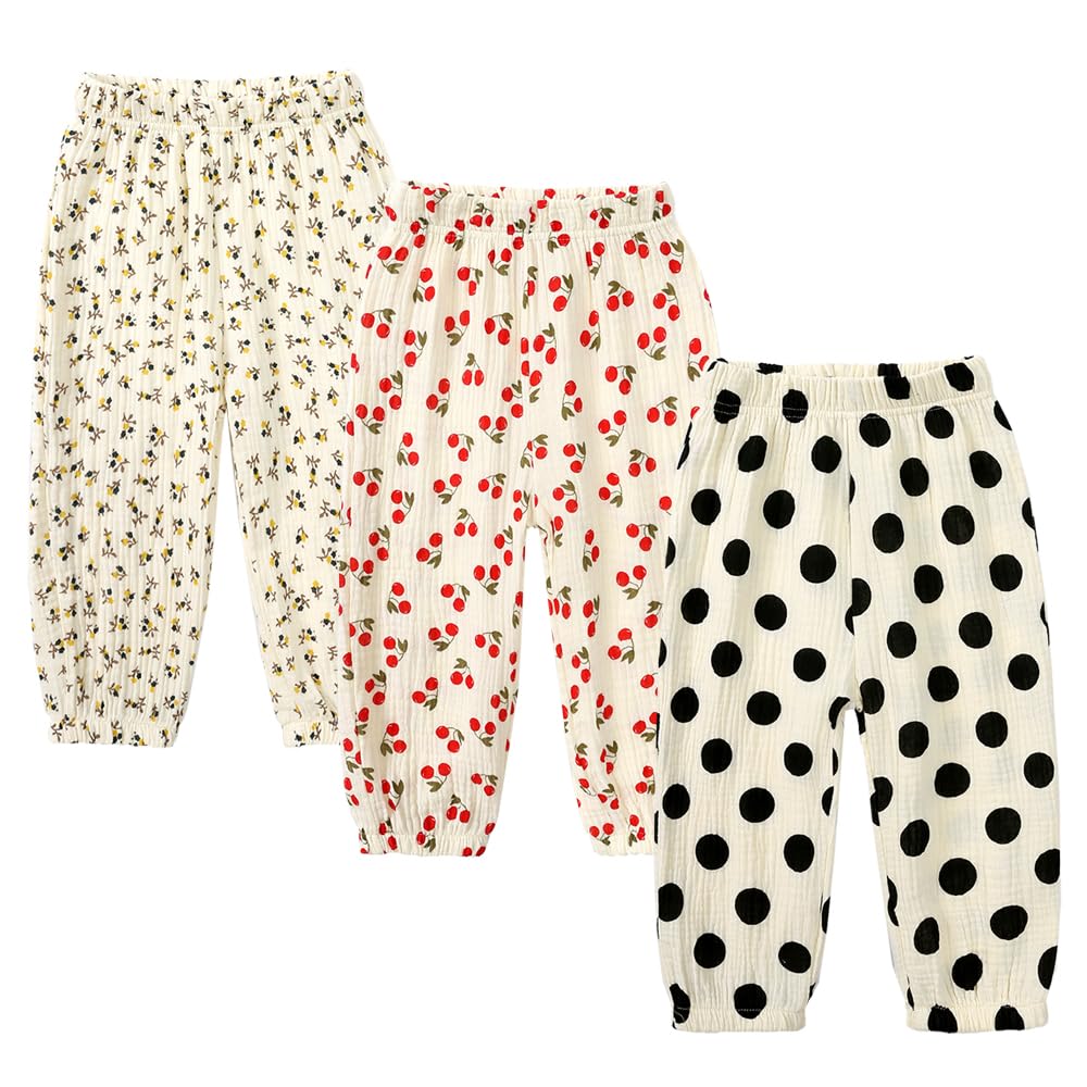 MYGBCPJS Boys Girls 3 Pack Cotton Linen Long Bloomers Graphic Printed Trousers Ankle Length Kids Thin Elastic Waist Pants